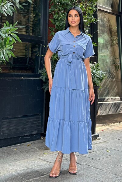 Juuuj Rochie albastră cu pliuri cu curea maxi jachetă lungă