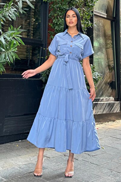 Juuuj Rochie albastră cu pliuri cu curea maxi jachetă lungă