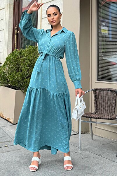 Juuuj Блакитна тканина з петролем, пояс на талії, рукава-ліхтарики, А-силует, вінтажна максі-сукня - підходить для носіння хіджабу