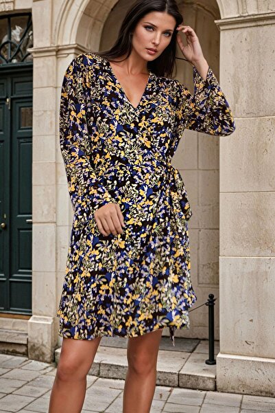 Genel Markalar Siyah Kruvaze Yaka, Bahar Desenli, Rahat Kesim Elbise