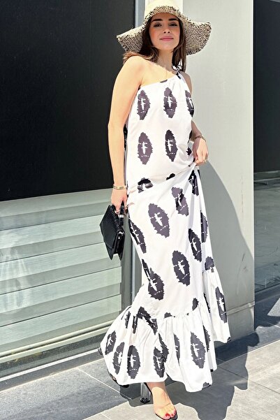 Juuuj Γυναικείο εκρού μονό λεπτό λουράκι ώμου, εφαρμοστό κόψιμο, φούστα με βολάν μακριά Mos κρεπ φόρεμα