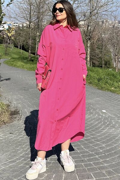 Juuuj Γυναικείο φούξια μακρυμάνικο φόρεμα, οβάλ κοψίματος, μακρύ και χαλαρό, πουκάμισο από ποπλίνα