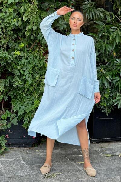 Juuuj Rochie lungă de muselină pentru femei, albastru bebeluș, oversize, cu croială confortabilă, cu buzunare