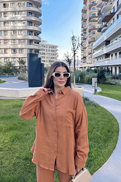 Juuuj Women's Tile Loose Long Shirt & Elastic Waist Trousers - Bottom & Top Muslin Fabric Set