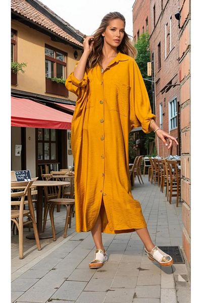 Pasaklı Giyim Mustard Linen Blended Oversize Tunic - Bat Long Sleeve, Hijab Collar Yb 3282350