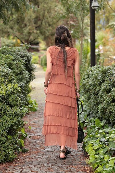 Bohem Stil Κανέλα Ιταλικό Μέγεθος 2 Λεπτό Μεταξωτό Φόρεμα