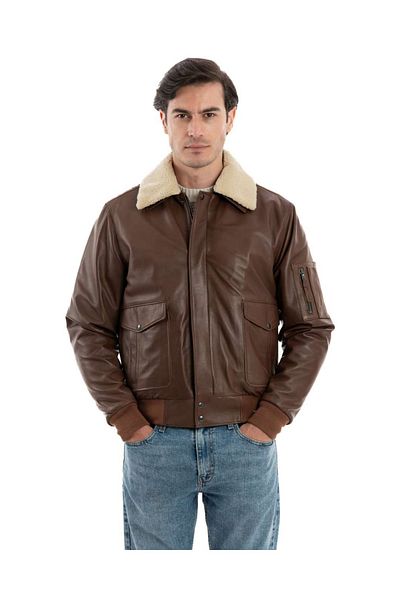 By Marki Marki Leather Pilot Coat - Brown, White Sheepskin Collar, Removal Fur, Zip-Up - 503022
