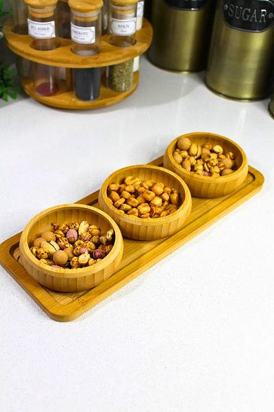 Woodcept 3-Piece Bamboo Snack Bowl with Stand, Breakfast Bowl Set, Bamboo Nuts Set