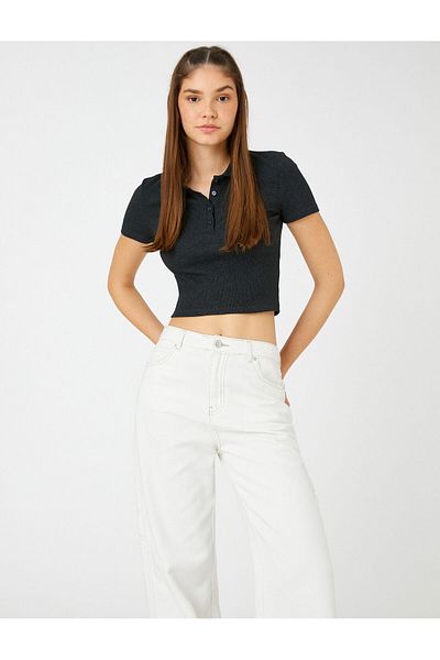 Koton Crop T-Shirt Polo Neck Short Sleeve Button Detailed