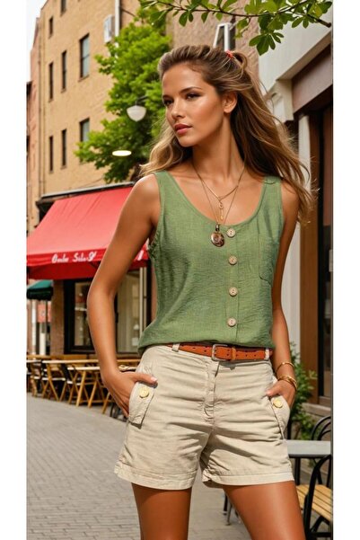 Pasaklı Giyim Women's Khaki Thick Strap Round Neck Buttoned Sleeveless Linen ...