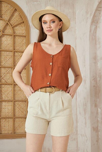 Pasaklı Giyim Bluză cămașă casual din in, fără mâneci, cu nasturi, cu gât rot...