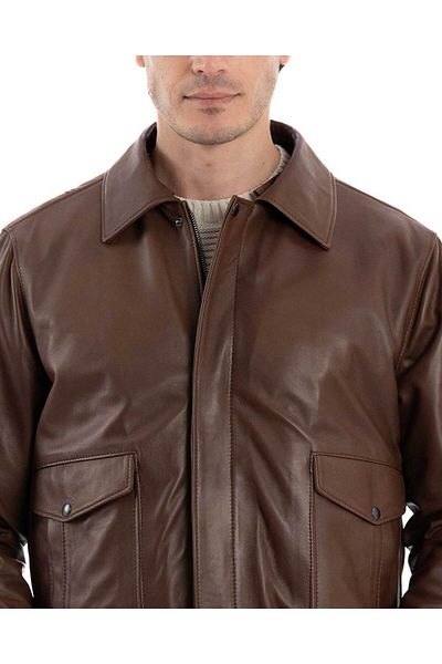 By Marki Marki Maverick Genuine Leather Pilot Coat - Brown, Shirt Collar, Timeless and Stylish - 503122