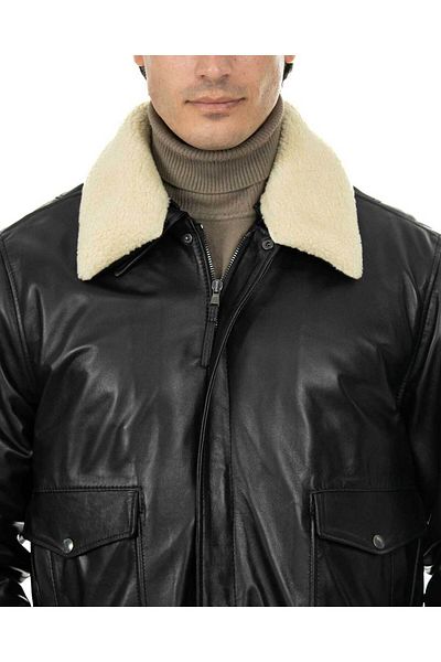 By Marki Marki Maverick Black and White Leather Pilot Coat - Fur Collar, Zip-Up, 1St. Class Quality