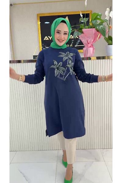 Zeynep Butik Ayşe Akay 100 cm Lily Patterned Tunic - Two Yarn Fabric 1656