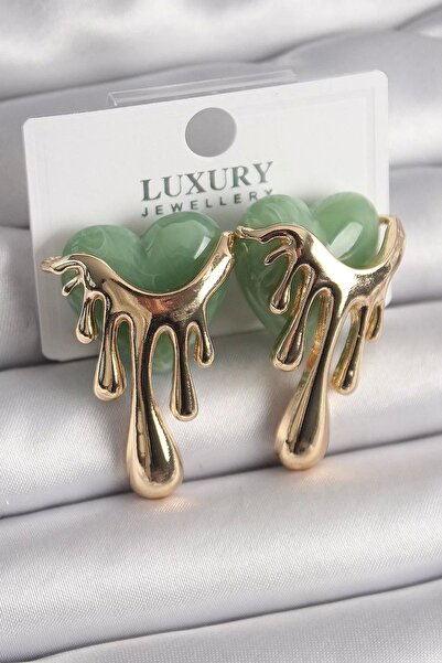 Clariss Brass Gold Color Green Pearlescent Flowing Heart Model Women's Earrings