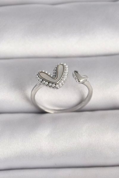 Clariss Brass Silver Color White Enamel Pearl Detailed Heart Model Adjustable Ring