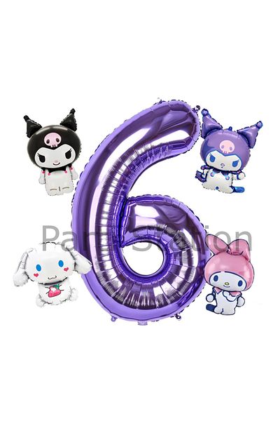 Parti Station Kuromi Mymelody Cinnamonroll - 6 Years Old Mini Purple Balloon Set, Birthday Concept