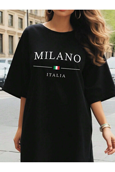 Revasser Dámské oversize tričko Milano s barevným potiskem dlouhé základní šaty