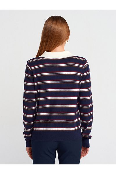 Dilvin 10712 Polo Neck Striped Buttoned Soft Knitwear Sweater-Navy-Ecru