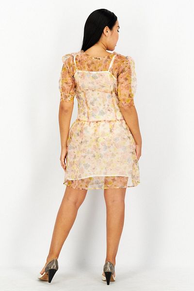 NA-KD Women V Neck Short Sleeves Printed Organza Mini Dress, Floral
