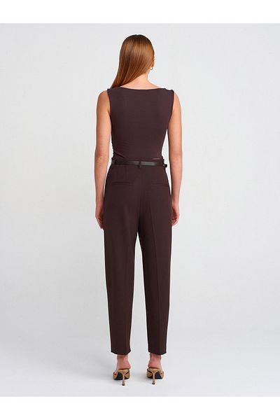 Dilvin 71293 Brown High Waist Belted Trousers