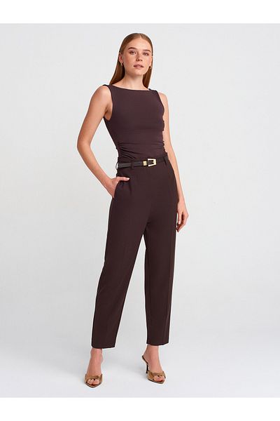 Dilvin 71293 Brown High Waist Belted Trousers