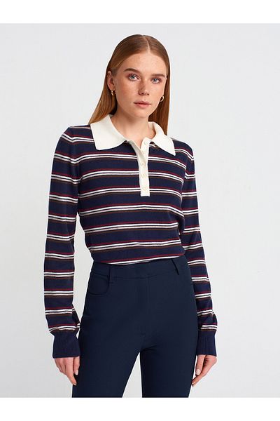 Dilvin 10712 Polo Neck Striped Buttoned Soft Knitwear Sweater-Navy-Ecru