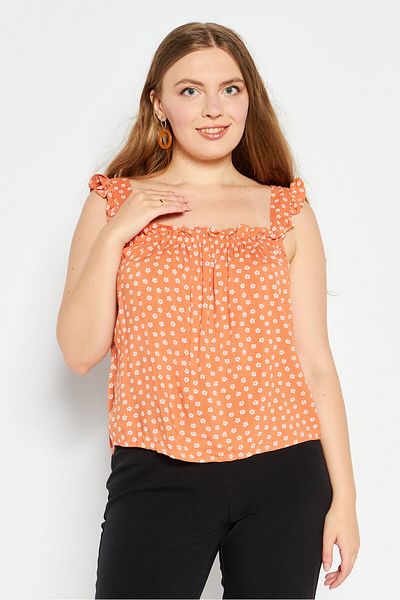 Levi's Women Ruffle Neck Sleeveless Floral Print Top, Rust Combo
