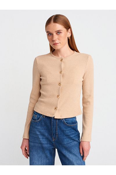 Dilvin 60424 Beige Long Sleeve Cardigan - Button Detail