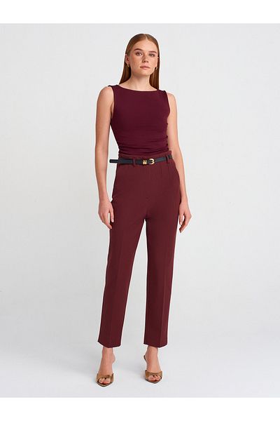 Dilvin 71614 High Waist Pants with Belt-Burgundy