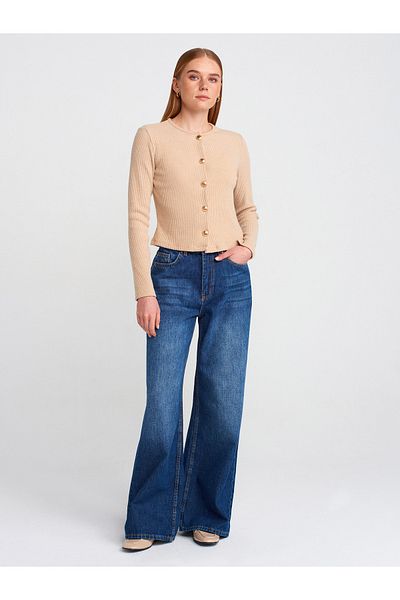 Dilvin 71784 Draped Fabric Wide Denim Trousers-Navy