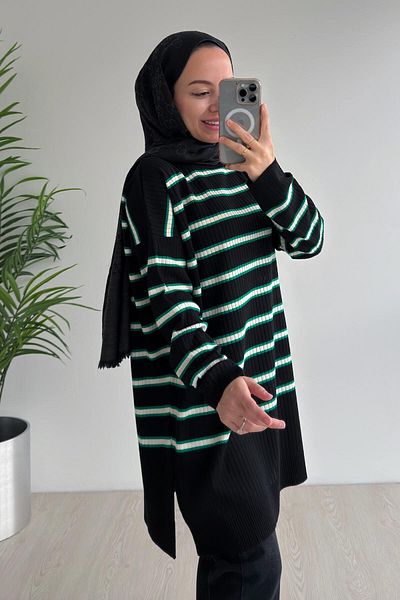 Ka Hijab Lady Hijab Knitwear Tunic - Μαύρο/Πράσινο