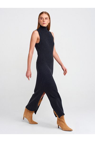 Dilvin 90243 Stand Collar Slit Knitwear Dress-Anthracite