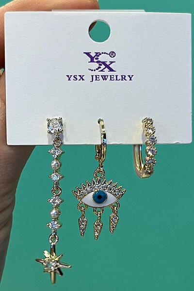 TAKIŞTIR مجموعة من 3 أقراط YSX مع تفاصيل حجرية على شكل عين ذهبية اللون