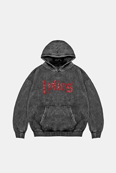Sekizbiraltı Lylies Kırmızı Taş Baskılı Oversize Unisex Yıkamalı Siyah Hoodie