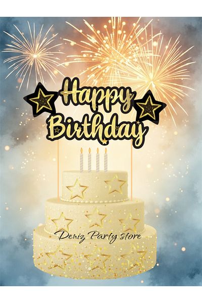 Deniz Party Store Black Gold Happy Birthday - Cake Decoration with Stick
