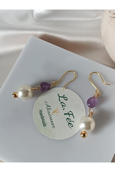 La fee aksesuar أقراط من الحجر الطبيعي واللؤلؤ الزجاجي والذهب