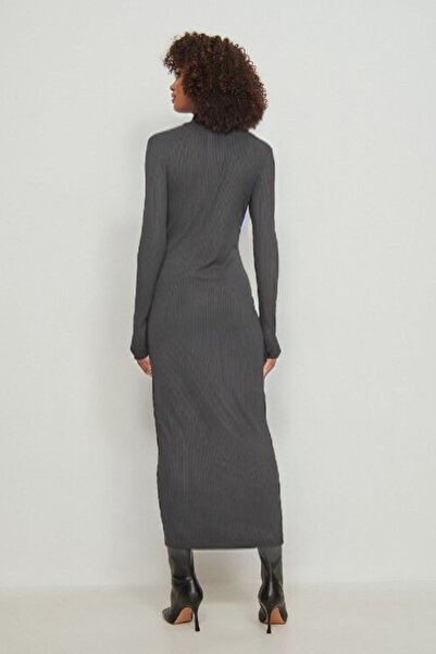 kallima Rochie creion lungă din bumbac, gri, cu jumătate de gât țesut, lungime maxi - 135 cm