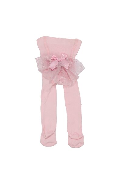 bebegen Kız Bebek Pembe Simli Tüllü Fiyonklu Külotlu Çorap 0-6 Ay