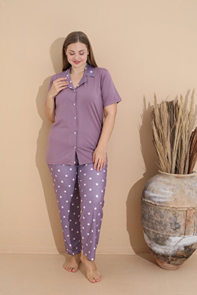 CALİA Women's Battal Milan Fabric Short Sleeve Shirt Collar Plus Size Pajamas Set
