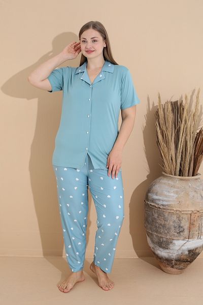 CALİA Women's Battal Milan Fabric Short Sleeve Shirt Collar Plus Size Pajamas Set