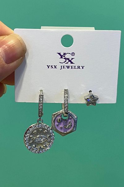 TAKIŞTIR مجموعة أقراط YSX مكونة من 3 قطع على شكل عين فضية اللون