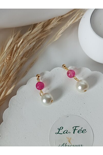 La fee aksesuar أقراط من الحجر الطبيعي واللؤلؤ الزجاجي والذهب