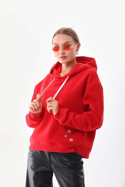 kallima Kırmızı Kışlık Kalın Kar Tanesi Baskılı Cepli Kapüşonlu Hanorac oversize/geniş Kesim