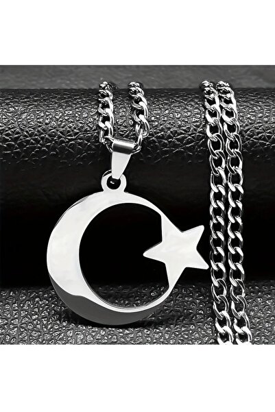 Bay hediye Ay Yıldız Türk Bayrağı Temalı Paslanmaz Çelik Kalın Zincirli Kolye...