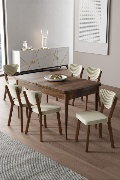Canisa Exve Serisi 80x132 Açılabilir Barok Ahşap Desen Masa Takımı ve 6 Krem Sandalye