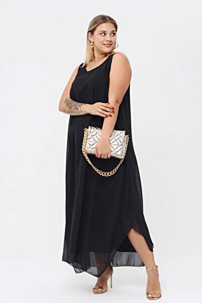 ANGELINO Kadın Rahat Kesim Şifon Abiye KL3066 Siyah