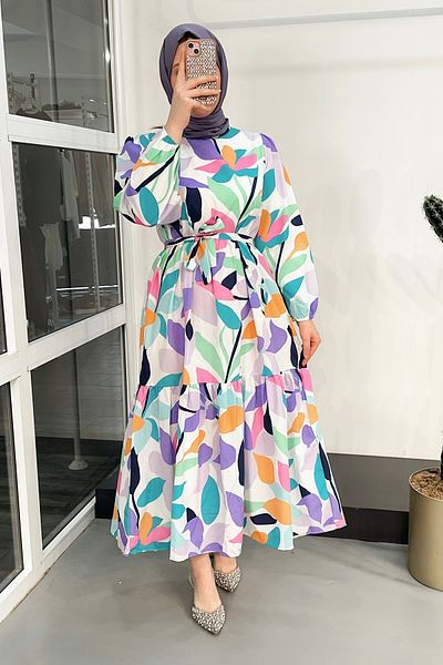 ModaSelin Ms112 Leaf Print Lilac Dress