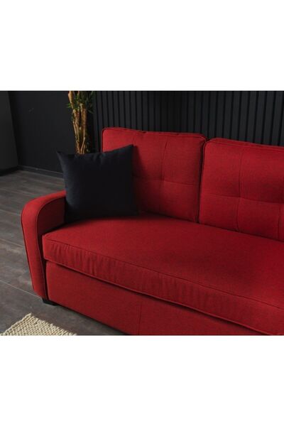 Meşe Home Plus Kılıflı Torba Yaylı Keten Kumaş Fonksiyonel Üçlü Kanepe Koltuk Kırmızı