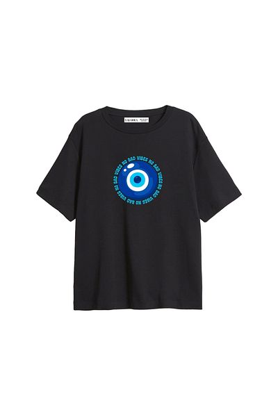 Sekizbiraltı Tricou negru pentru femei, cu imprimeu relaxat, fără vibrații